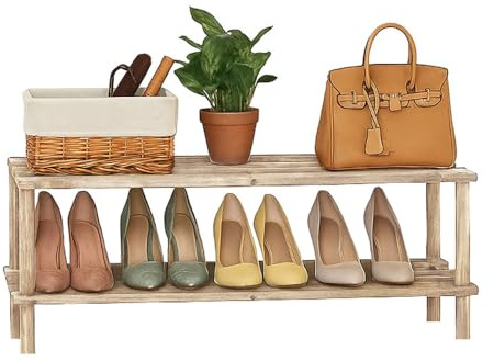 Wooden Shoe Rack - Footwear Storage Organiser Unit Shelf Dvd Books Tier Slated | Storage Stackable Organiser Multi-use - Quick Easy To Assemble, Space Efficient, Hallway Front Door (Natural, 2 Tier)