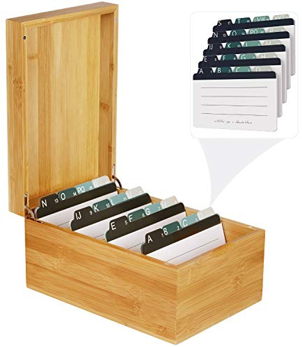 MaxGear Index Card Holder, 4 x 6Inch Wooden Business Card Organizer for Desk with 3 Dividers, Bamboo Index Cards Box with A-Z Tabs Holds 600 Cards for Recipe Flash Storage
