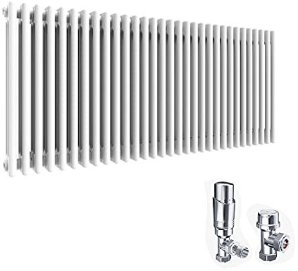 ELEGANT Cast Iron Style 3 Column Radiators Traditional Triple Bar White Horizontal Designer Colosseum Rad 600 x 1400mm with Thermostatic Valves Set Chrome