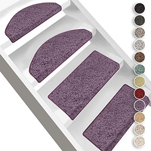 Floordirekt Hochflor-Stufenmatten Bali | Halbrund oder Eckig | Treppenmatten in 11 Farben | Strapazierfähig & pflegeleicht | Stufenteppich für Innen (Lila, Halbrund 65 x 23,5 cm)