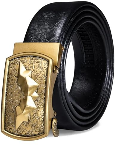 Barry.Wang Mens Black Belts Leather Ratchet Designer Bat Automatic Buckle Slide Click 1 3/8 Strap Dress Jeans Casual Valentine’s Day Gift 80s 90s