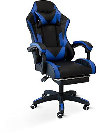 Cribel Poltrona Gaming Racing Omega Blu con poggiapiedi reclinabile, schienale alto regolabile, cuscini lombare e cervicale, in similpelle, dimensioni 65x62x105/110 cm