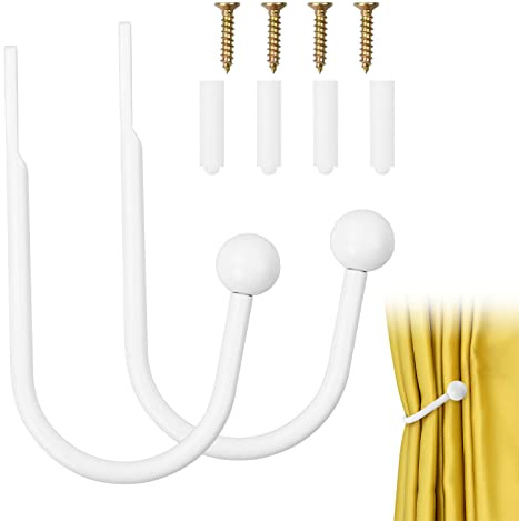 NiceLand 2 Piezas Alzapaños Cortinas de Metal Pared Blanco Ganchos para Cortina U Recoge Cortinas con Tornillos