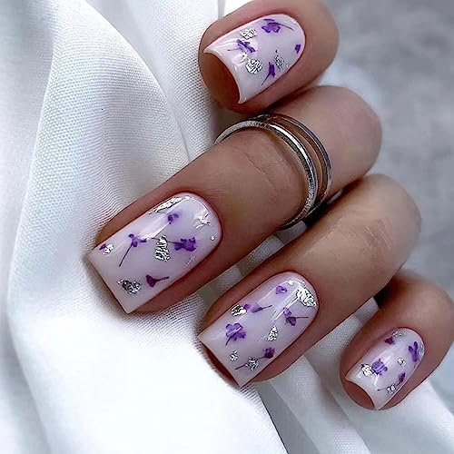 Ceboic 24 Stück French Künstliche Nägel, Kurze Eckig Nägel zum Aufkleben Lila Blumen Ballerina Press on Nails, Acryl Kunstnägel Nägel Fingernägel Fake Nails für Frauen und Mädchen DIY Salon