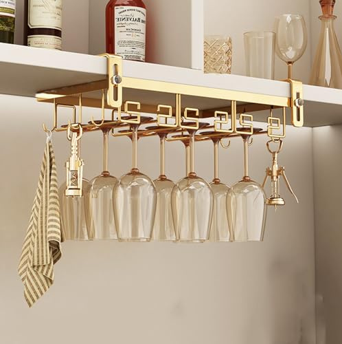 MNBVH Hängande vinglashållare för vinglas, skruvlös hängande mugghållare, ingen borrning krävs hängande glashållare för väggar (storlek: 34 x 23 cm, färg: guld)