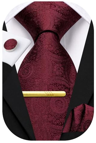 Hi-Tie Krawatten-Set für Herren, Krawatte, Einstecktuch, Hochzeit, formelle Manschettenknöpfe, Krawattenklammer, 4-teiliges Set, 03 - Dunkelrot-Paisleymuster, M