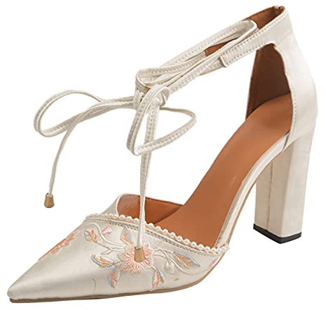 koperras Stickerei Sandalen Damen Absätze Blumen Spitzen Schuhe Single Lace-Up Toe Lässige Damen High Heels Schuhe Damen Schuhe (White, 40)