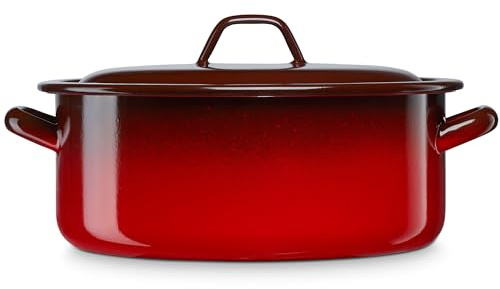 briebe Casserole à induction 32 cm, grande casserole 10 L avec couvercle en acier émaillé vitrifié, compatible vitrocéramique, feu, gaz, four, Ignea Vintage Rouge