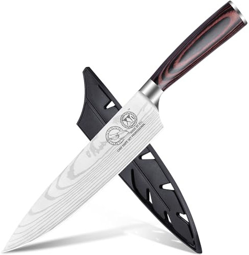 XYJ Coltello da chef professionale, 8 pollici, coltello da cucina giapponese in acciaio inossidabile per chef con copertura, modello Damascus a laser, coltello macellaio