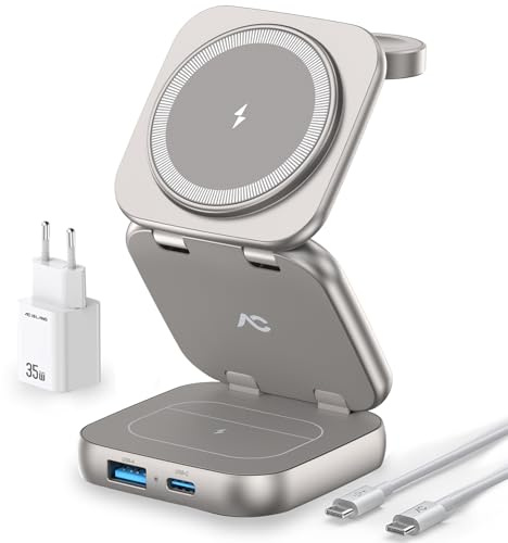 AC Island 5 in 1 Wireless Charging Station, Foldable Mag-Safe Charger Stand, Travel Wireless Charger for iPhone 16/15/14/13/12 Series, Apple Watch S1-10/Ultra 2, for Airpods 4/3/2/Pro (Titanium)