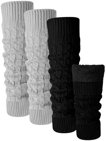 Shihanee 2 Pairs Winter Fleece Lined Leg Warmers for Women Warm Long Boot Socks Knit Thick Calf Warmers for Skating Walking(Black,Grey,Cable Knit)