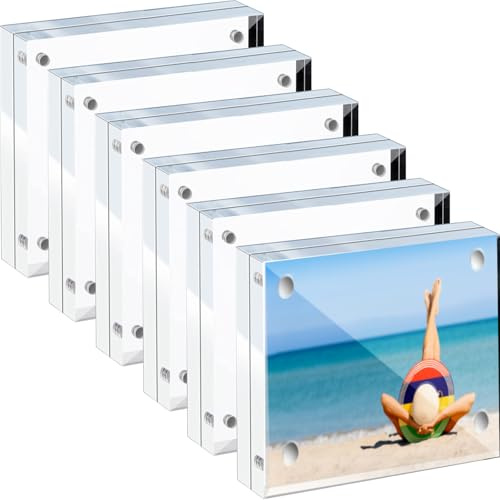 6 Pcs Clear Acrylic Photo Frame 2 x 2 inch Acrylic Business Card Frame Magnetic Picture Frames Mini Double Sided Block Stamp Display Stand for School Home Office Decorating Supplies (6, 2 x 2 Inches)
