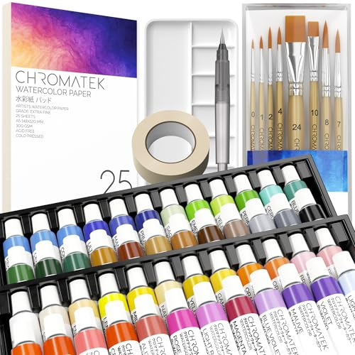 CHROMATEK Juego de pintura de acuarela, kit de 84 piezas para adultos, principiantes y artistas profesionales, 48 tubos (12 ml), bloc de papel de boceto de 25 páginas, 8 pinceles de pintura, Aquapen,