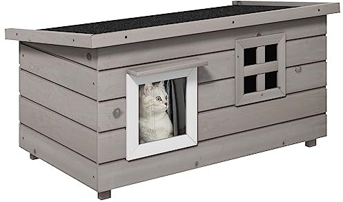 PawHut Outdoor Wooden Cat House, Elevated Cat Shelter Kennel, Pet Play House with Openable Top, Asphalt Roof, Window, 87 x 52 x 44 cm, Grey
