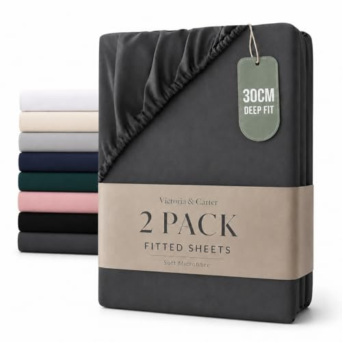 2 Pack Single Fitted Sheet (30cm) - Ultra Soft Microfibre Bed Sheets, Wrinkle-Resistant, Elasticated Corners, Shrink and Fade Resistant, Easy Care for Single Beds (Charcoal Grey)