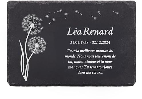 LAUBLUST Plaque funéraire personnalisée avec nom & photo comme ornement de tombe | Plaque en ardoise gravée & plaque сommémorative – 3 tailles | Belle pierre tombale avec texte (Motif Pissenlit)