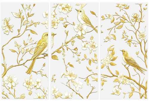 HICOHAND Rub on Transfers for Crafts, 3 Sheets Gold Bird Flower Tree Rub on Transfer Sticker Decals Waterproof Furniture Transfer UV DTF for Glass Wood Home Decor