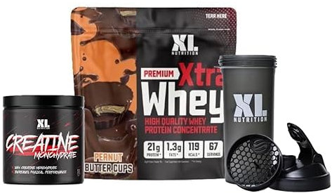 XL Nutrition Creatine Monohydrate Powder & Whey Protein Bundle. High Protein, Low Carb, Supports Muscle Growth, Includes Shaker Bottle (2kg, Peanut Butter Cups)