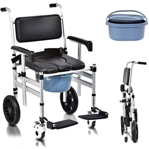 Sedia Comoda Pieghevole WC per Anziani con Rotelle, Sedia a Rotelle da Doccia con Braccioli e Schienale, Sedia da Toilette Mobile con Freno e Vasino, Sedia da Notte per Adulti