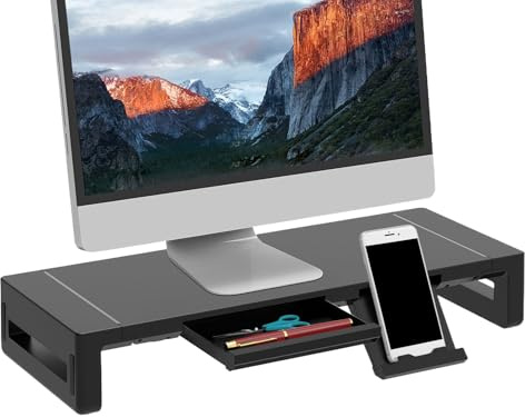 Generico Sostegno Per Monitor | Ripiano Supporto per Scrivania con Cassetto - Alzaschermo Regolabile Pieghevole 52cm Con Cassetto Per PC TV Laptop Casa Ufficio Stampante