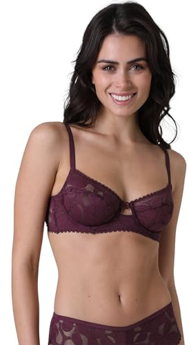 Lovable Reggiseno con Ferretto e Coppe Taglio a 3 in Pizzo Floreale Grafico - Art Flower Lace Donna, Viola Scuro 34D - 3D