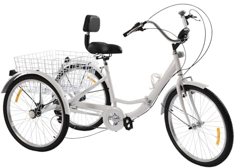 Dokiiovo Trehjuling för vuxna, 24 tums cykel med korg, trehjuling med LED-ljus, 3 hjul, 7-växlad växellåda, 120 kg lastkapacitet (vit)