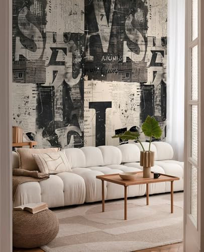Livingwalls papier peint panoramique intissé à motif de découpage de journal en crème, noir, gris – papier peint panoramique mural abstrait 8,80 m x 0,53 m collection COSMOPOLITAN – 791444