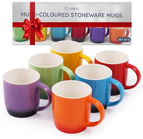 CUQOO Colourful Stoneware Mugs Set of 6 – Ceramic Coffee and Tea Cup Set | Durable Everyday Mugs for Hot Drinks Dishwasher and Microwave Safe 350ml