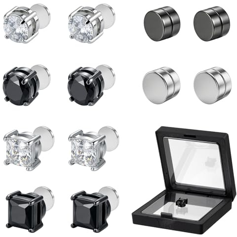 Magnetic Earrings for Men 6 Pairs Fake Earrings 8mm Non-Pierced Silver and Black Stainless Steel Mens Earring Studs with Zircons Not Eazy to Detachment Included Storage Box