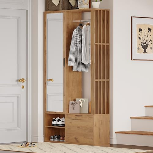 VIEKOS Armadio da ingresso 6 in 1, 100 x 33 x 190 cm, per appendere cappotti, per corridoio, con stendibiancheria, specchio, armadio con anta inferiore, colore legno naturale