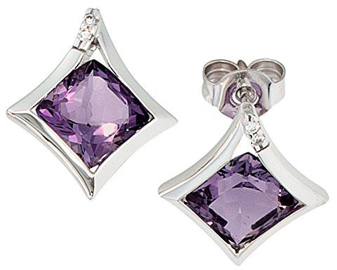 Jobo Damen-Ohrstecker aus 14 Karat 585 Weißgold mit Amethyst und 4 Diamanten