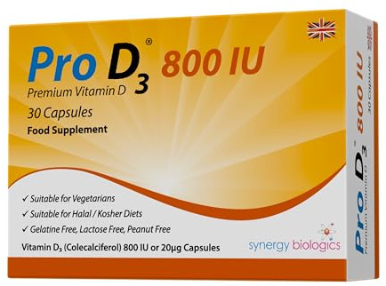 Pro D3 800 IU Capsules | Premium Vitamin D3 | 30 Capsules | Gelatine Free, Lactose Free, Dairy Free, Nut Free | Suitable for Vegetarians, Halal & Kosher Diets | Made in The UK