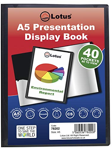 A5 visningsbok – 40 fickor, svart presentation, A5, visningsbok, mapp, folio för proffs, företag, studenter, projekt, skola, högskolor, hem av Lotus – 78202 (2 böcker)