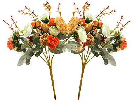 Realjoy 21 Heads Diamond Small Rose Artificial Flowers Artificial Rose Flower Bouquets for Home Wedding Party Decoration 2Pcs (Autumn Diamond Orange)