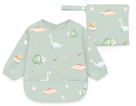 J.Børn BLW Long Sleeve Baby Feeding Bib 6-12M - Waterproof Coverall Weaning Bibs + Free Matching Storage Bag for Baby Led Weaning (Dinosaurs)