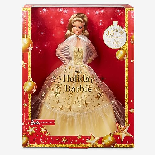 Barbie Signature - 2023 Holiday Puppe Jubiläumsedition zum 35. Geburtstag, goldenes Kleid und honigbraune Haare mit Echtheitszertifikat, saisonales Sammlergeschenk für Kinder ab 6 Jahren, HJX06