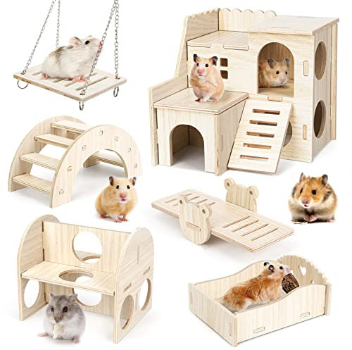 Bomoya 6 Stück DIY Hamster Spielzeug aus Holz, Haus Versteck Kauspielzeug Zubehör Meerschweinchen Chinchillas Rennmäuse Zwerghamster