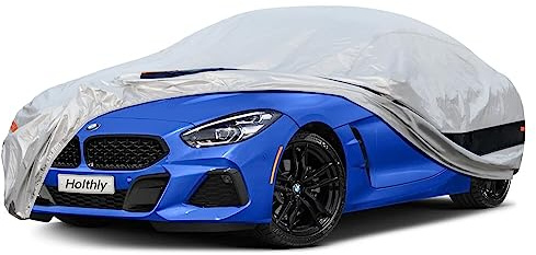 Holthly Bache Voiture Exterieur à 10 Couches, Housse Protection Voiture 100% Etanche Anti UV Soleil Anti Rayure, Bâche pour Coupe Peugeot RCZ 308CC, BMW Z4,Porsche Boxster 718 Cayman, etc. Argent