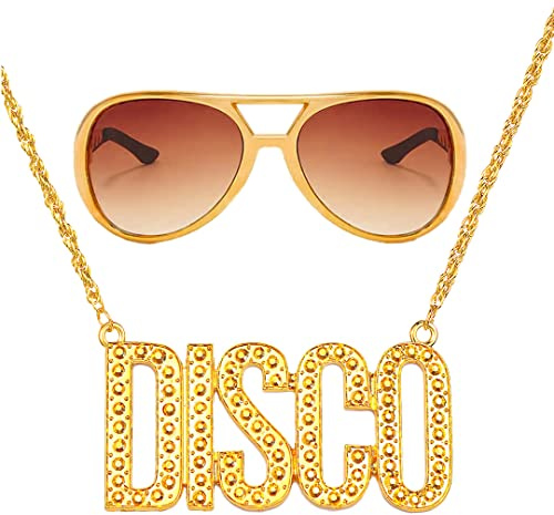 FUKPO Collana da Discoteca Occhiali da Sole Oro Set, Anni '80 '90 Accessori Rapper Costume Hip Hop Uomo Donna, Anni 70 Ciondolo Disco Festa a Tema Carnevale Abbigliamento