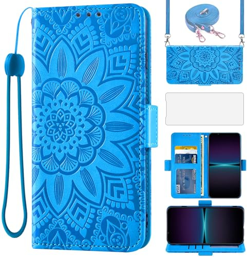 Asuwish Handyhülle für Sony Xperia 1 IV Hülle mit Band und Glas Folie Schutzfolie Kartenfach Klappbar Leder Geldbörse Ständer 1IV 4 XQ-CT54 Handy Hüllen Blumen Schutzhülle Handyhüllen Phone Case Blau