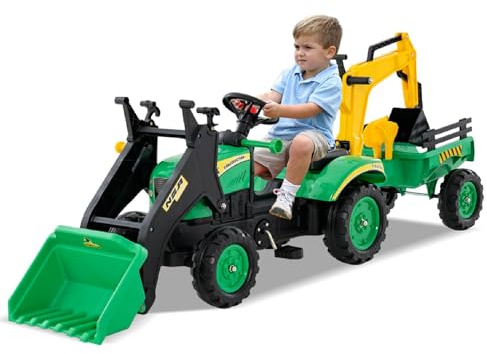 Maxmass Kids Ride on Bulldozer, 3-in-1 Children Pedal Ride on Excavator with Detachable Trailer, Adjustable Digging & Shovel Bucket, Horn Sound, Toddler Tractor Toy Car for 3-6 Years Old (Green)