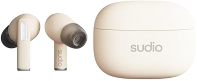 Sudio A1Pro Sand - Auriculares in-ear con Bluetooth, control táctil con base de carga inalámbrica compacta, protección IPX4, cancelación de ruido activa, micrófono integrado, sonido de cristal premium
