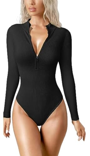 SUIUOI Bodysuit för kvinnor, långärmad elegant bodysuit, toppar, långärmad tröja med dragkedja, bodies topp, jumpsuit, G-string, body, jumpsuit, stringtrosa, ribbade formkläder, tröja, underkläder,