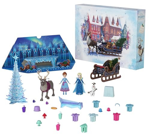 Mattel Disney Die Eiskönigin Kleine Anna- und Elsa-Puppen Adventskalender mit 2 Freundefiguren, formbarem Sand und 24 Spielteilen, inspiriert von Die Eiskönigin Olaf taut auf“, HWX20