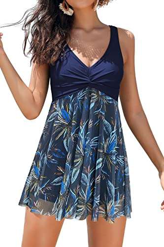 SHEKINI Women's Swimdress One Piece V Neck Swimming Costume Splice Printed Mesh Soft Cup Padded Elegant Bathing Suit Tummy Control with Boyshort, Blue, XX-Large