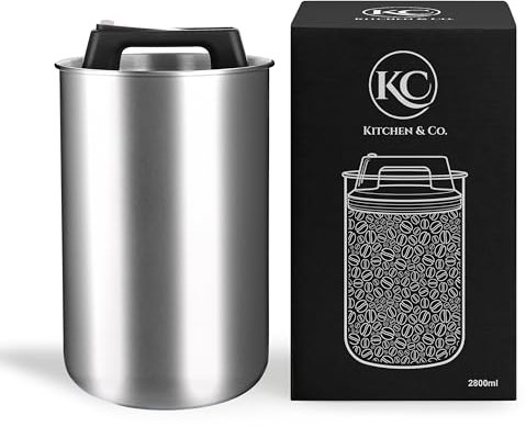 KC Kitchen & Co. Lata de café hermética para 1 kg de granos de café – Lata de almacenamiento de acero inoxidable con tapa al vacío y tapón de aroma, lata de almacenamiento para café, té, azúcar