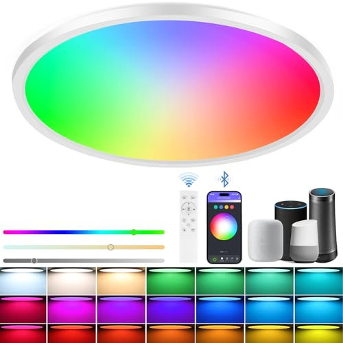 Rawhui Lampara Techo LED RGB Regulable 24W 3400LM Inteligente Plafon LED Techo Compatible con Alexa, Mando a Distancia y APP, Luz Techo LED Redondo 30cm para Dormitorio Salon Cocina Baño