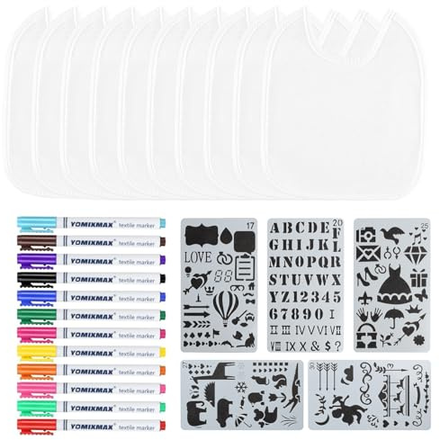 ALAHUGYEF 12 Pcs Bavoirs pour Peinture, Bavoirs Bebe Blancs de Peinture Imperméables en Coton pour Fête de Bébé, Décoration de Fête Prénatale, avec 12 Stylos Textiles, 5 Règles