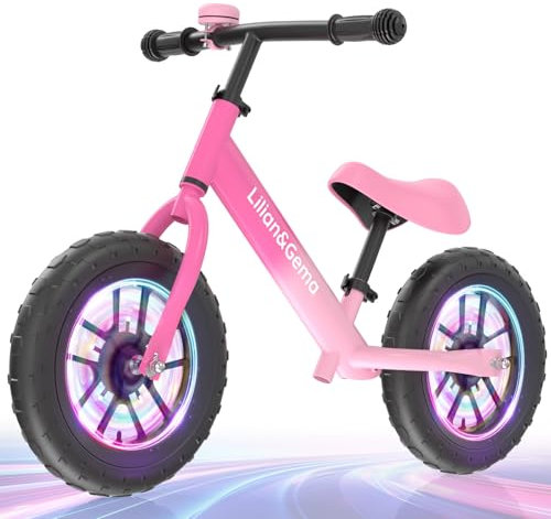 Lilian&Gema Laufrad ab 2 Jahre, Buntes Beleuchtete Räder, Licht Lauflernrad Lenkrad und Sattel Höhenverstellbar, 12Zoll Laufräder, Balance Bike für 2-5 Jahre, Rosa