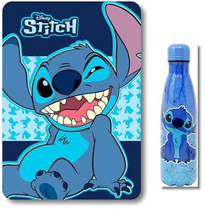 PELLECCHIA 1969, Kit Plaid + Borraccia 500ml, Idea Regalo Natale e Compleanno, Bambino/a realizzato per (Stitch Blu)